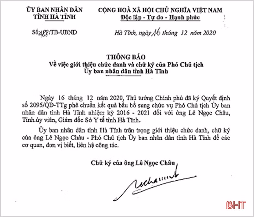Giới thiệu chức danh, chữ ký Phó Chủ tịch UBND tỉnh Hà Tĩnh Lê Ngọc Châu