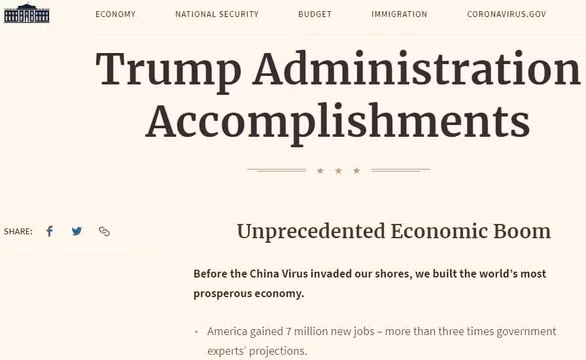 Nhà Trắng công bố 603 thành tựu của chính quyền ông Trump