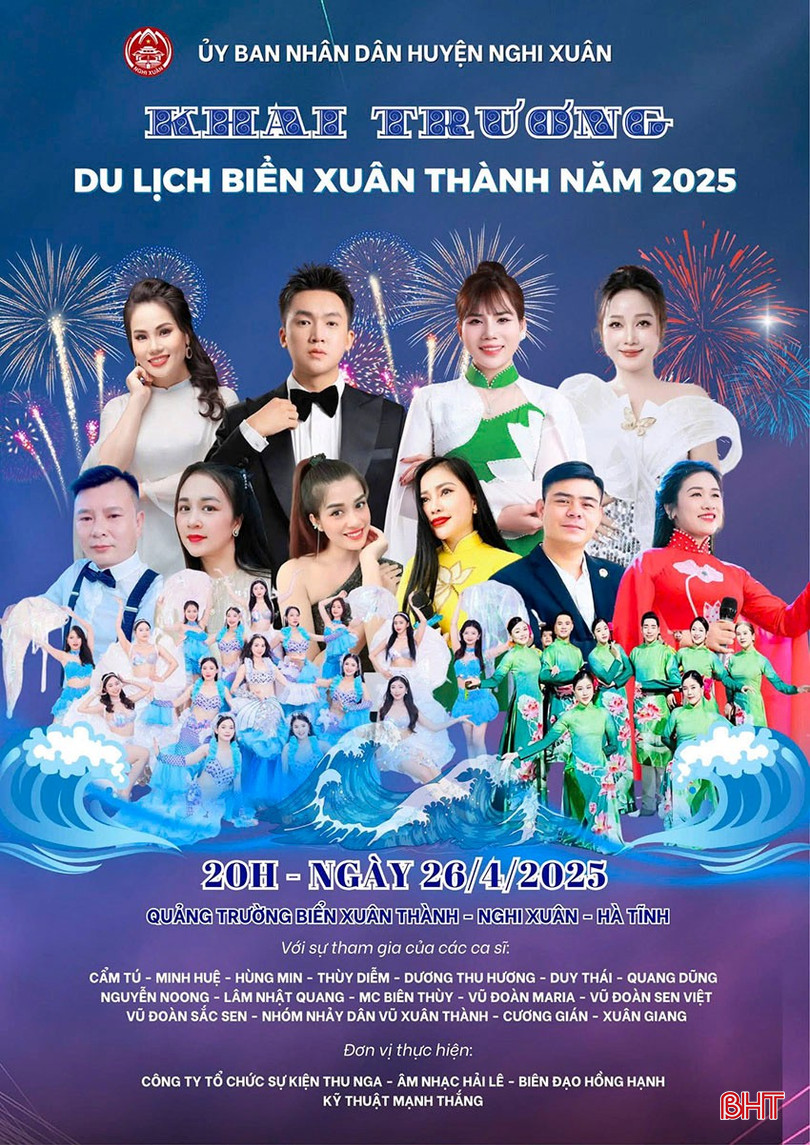 Poster chương trình nghệ thuật khai trương du lịch biển năm 2025 của huyện Nghi Xuân.
