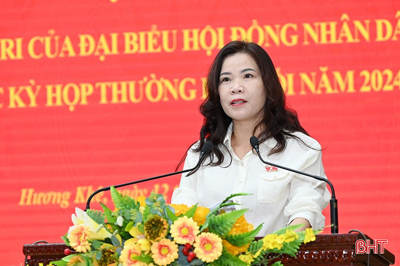 Phó Bí thư Thường trực Huyện ủy, Chủ tịch HĐND huyện Hương Khê Từ Thị Hòa thay mặt tổ đại biểu báo cáo tình hình KT-XH, QP-AN năm 2024 và các nội dung liên quan.