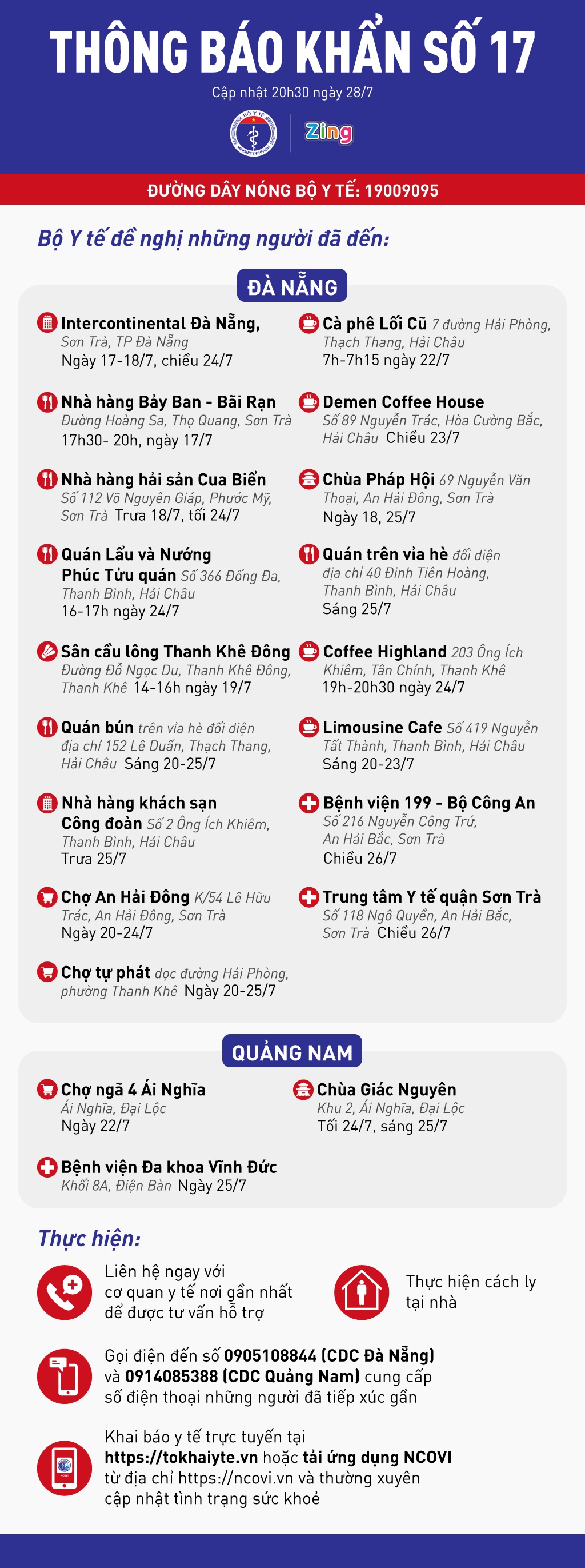 Thông báo khẩn tìm người từng đến 20 địa điểm ở Đà Nẵng và Quảng Nam