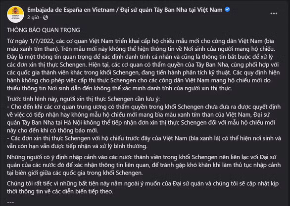 Đại sứ quán Tây Ban Nha tạm dừng cấp visa với hộ chiếu mẫu mới của Việt Nam