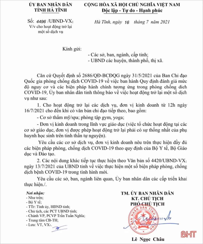 Hà Tĩnh cho phép cơ sở thẩm mỹ, phòng tập gym, dịch vụ giáo dục hoạt động lại từ 12h trưa 16/7