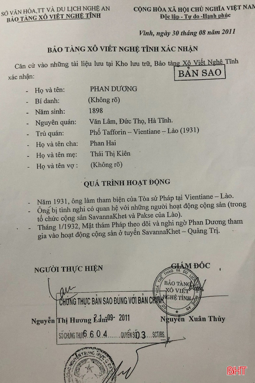 Xác nhận của Bảo tàng Xô Viết Nghệ Tĩnh về hoạt động của ông Phan Dương.