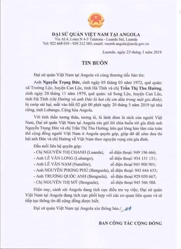 Sở LĐ-TB&XH Hà Tĩnh thăm hỏi, hỗ trợ gia đình có 2 lao động tử vong do cướp sát hại tại Angola