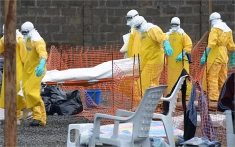 Nhân viên y tế trong trang phục bảo hộ chuyển xác một nạn nhân Ebola tại bệnh viện Elwa ở Monrovia, Liberia ngày 7/9 (Ảnh: AFP)