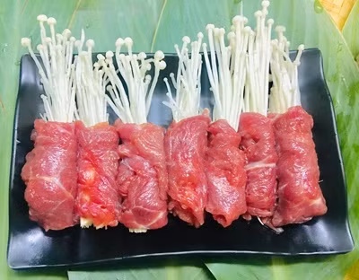 Tan sở làm bò cuộn nấm kim châm sốt xì dầu ngon cuốn lưỡi
